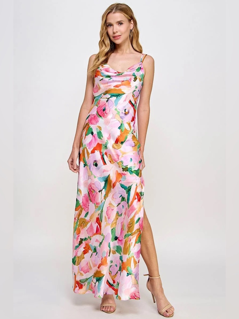 NWT Morgan & Co. Women's Sleeveless Cowl Neck Long Printed Satin Dress Size S